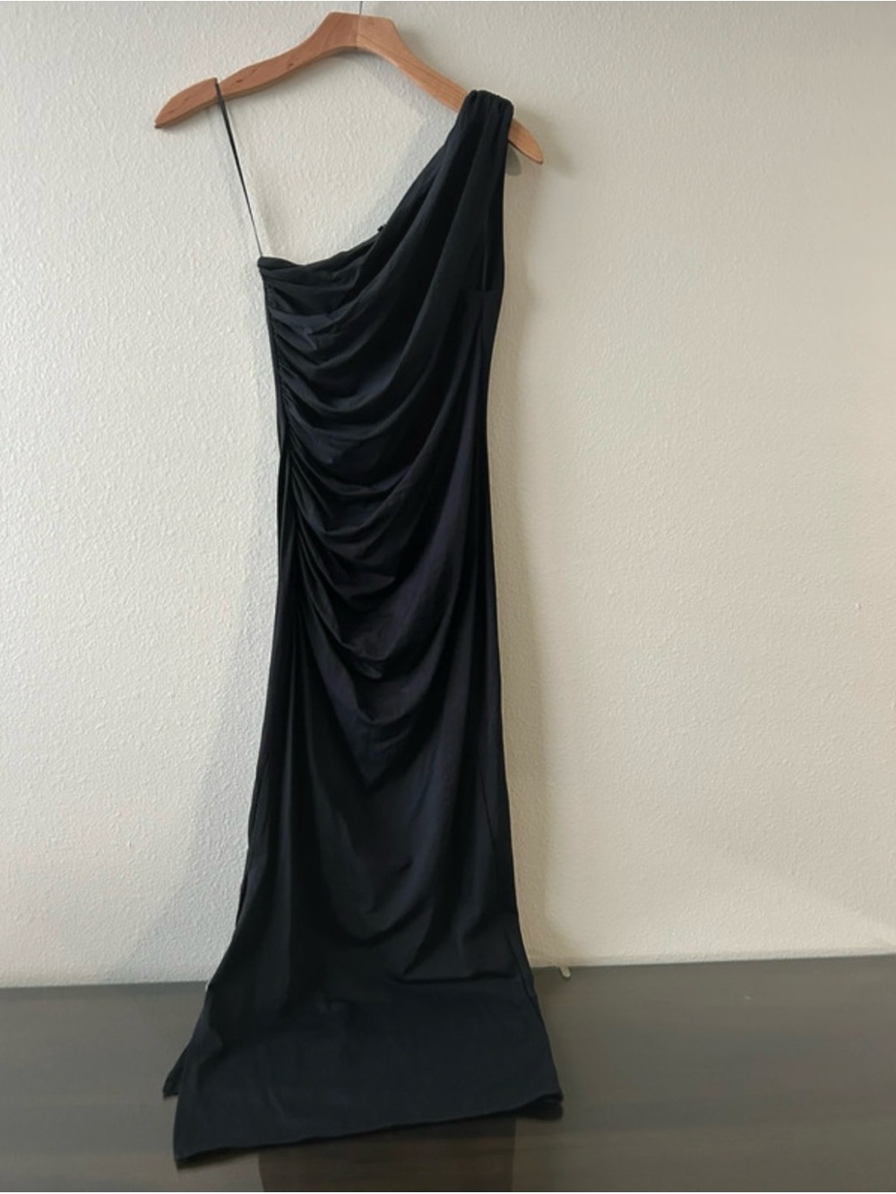 Zara One-Shoulder Black Draped midi dress